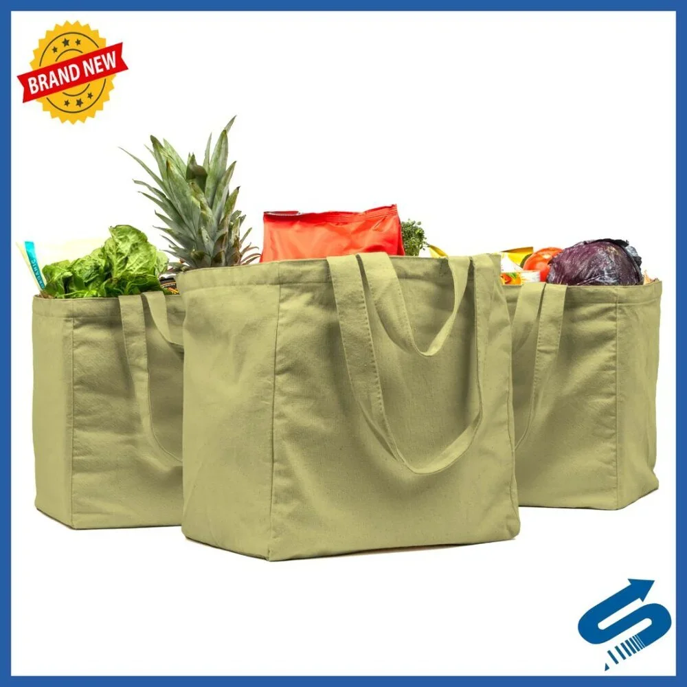 Heavy Duty Canvas Grocery Tote Set with Pockets Foldable Washable XL
